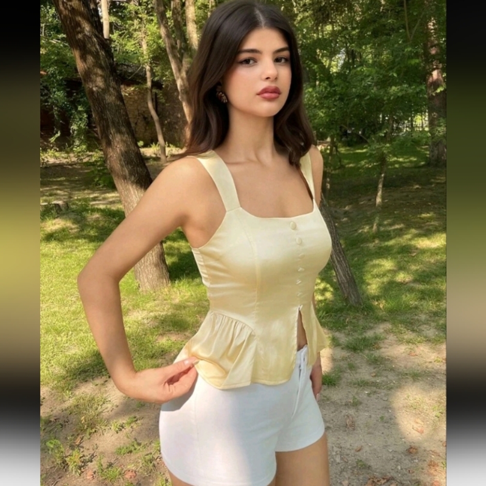 Women's Babydoll Yellow Homecoming Club Elegant Charming Satin Square N - Picture 3 of 4